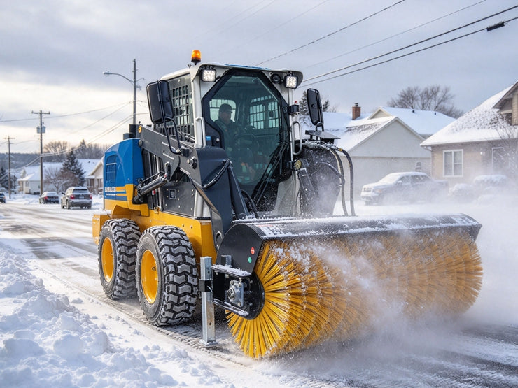 Skid steer with a LANDY 72-inch rotary angle broom sweeping light snow from a residential street