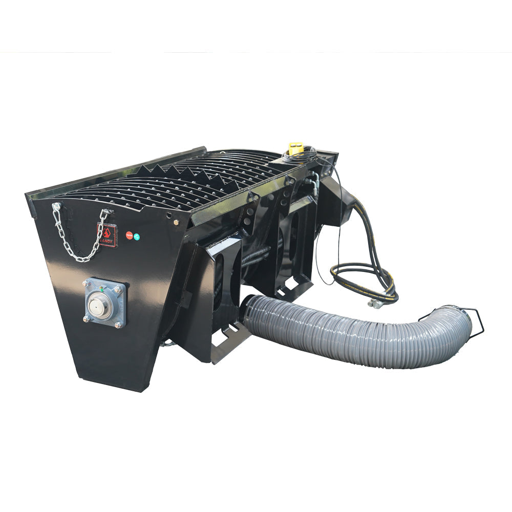 LANDY concrete mixer bucket with mounting frame, hydraulic hoses, and flexible discharge pipe