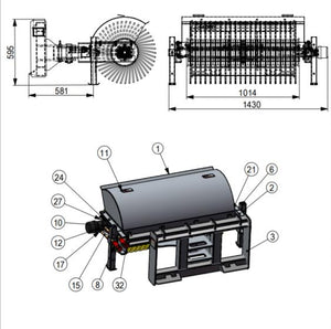 44" Small Skid Steer Hydraulic Rotary Angle Broom Sweeper, Standard Flow, Bi-Directional, 22” Brush Diameter